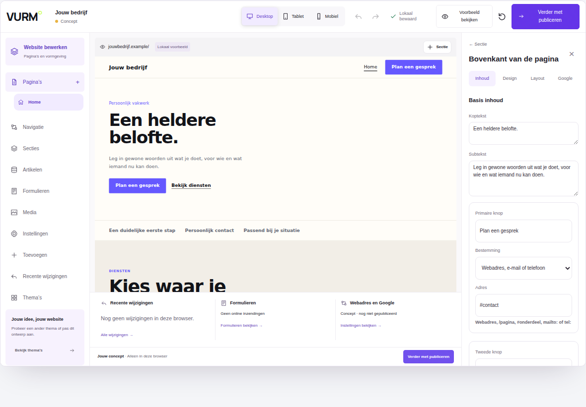 VURM website builder met een bedrijfswebsite